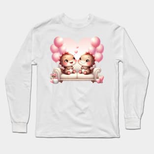 Valentine Dinosaur Couple Sitting Sofa Long Sleeve T-Shirt